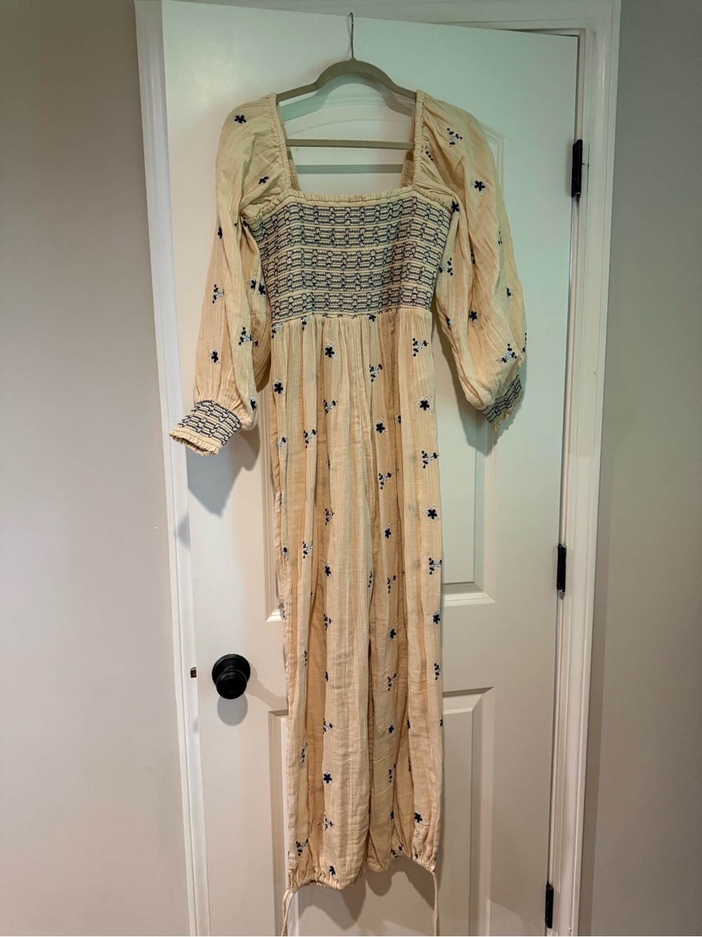Free People Cream Jumpsuit with Navy Embroidery